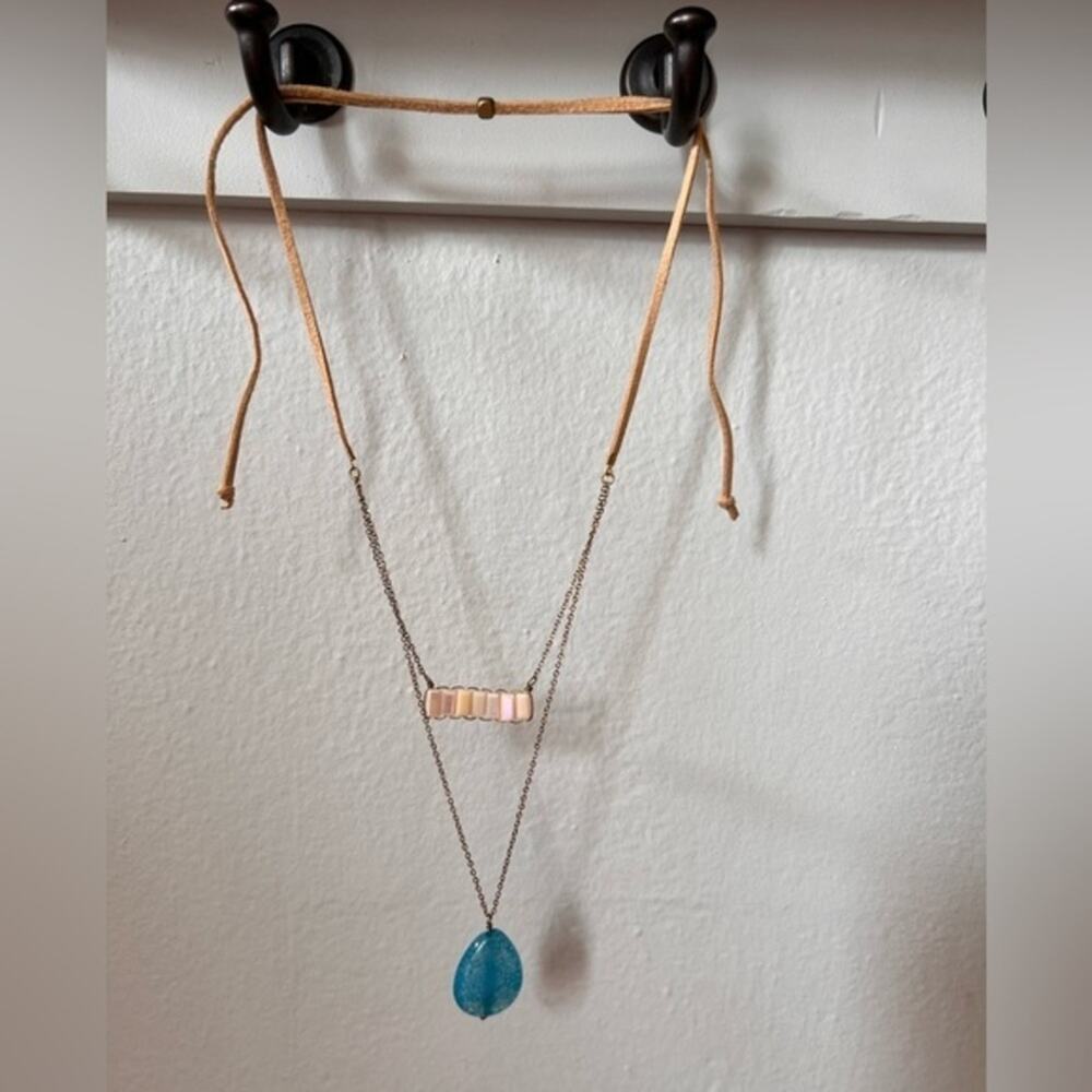 Boho Blue Stone and faux Opal Layered Double Chain Necklace,‎ adjustable, 16-18”